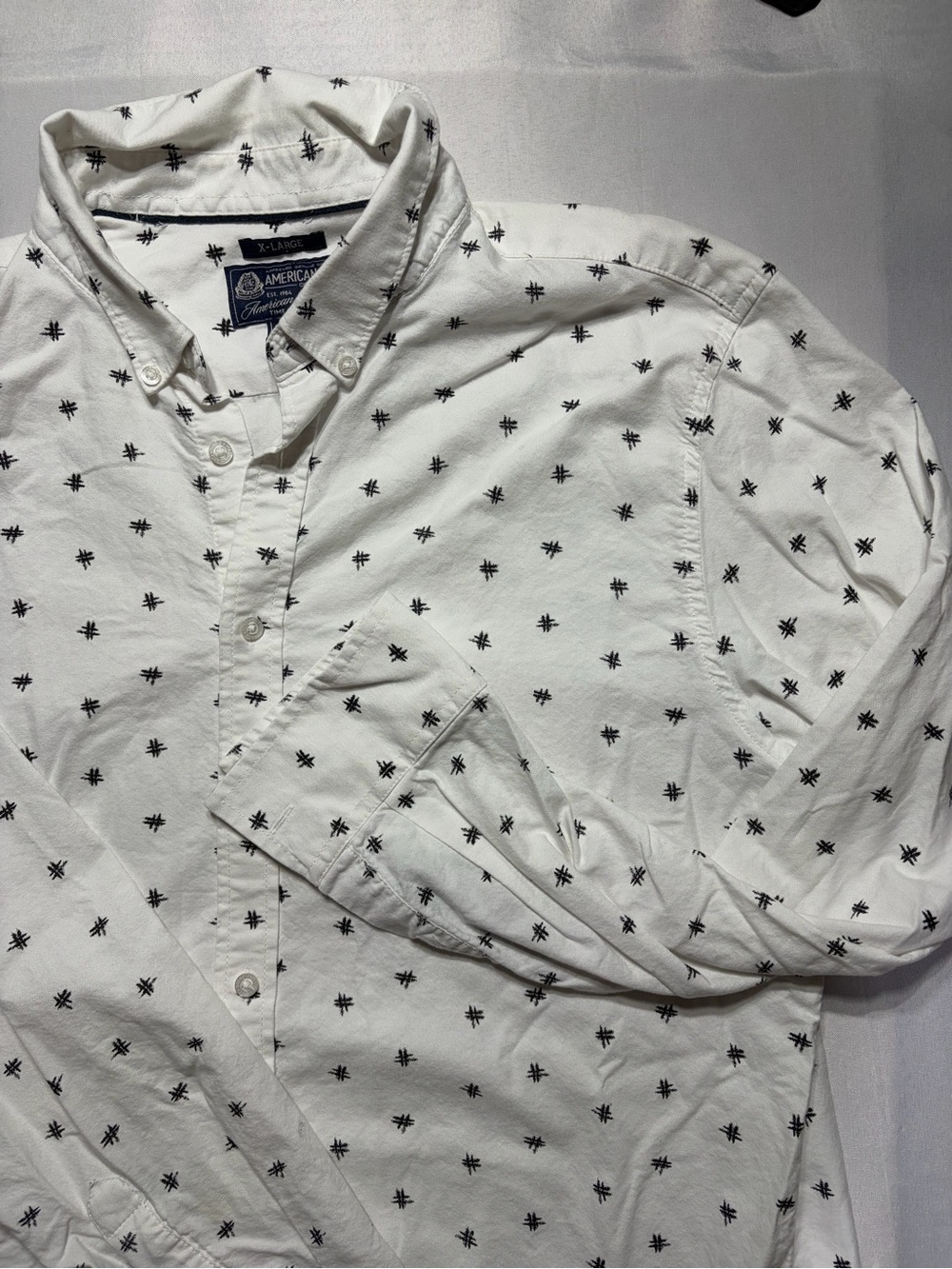 American Rag Mens XLarge White Button-Down Shirt with Black Micro Cross Print